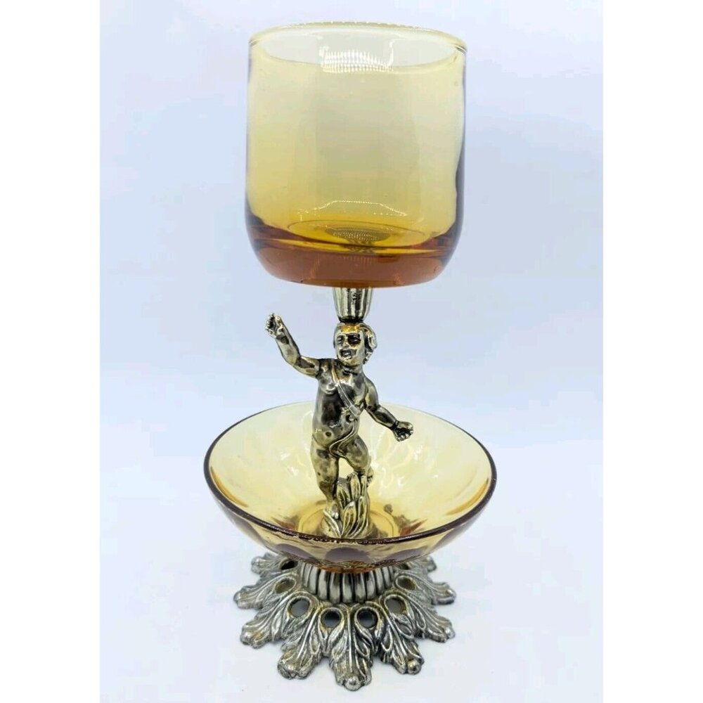 Metal Tone Amber Glass Two Tier Angel Cupid Cherub Candle Candy Tidbit Libbey?